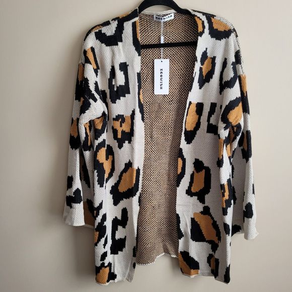 Ecowish Womens Cardigan Size Small Leopard Animal Print Knit Open Front Oversize - Picture 1 of 6
